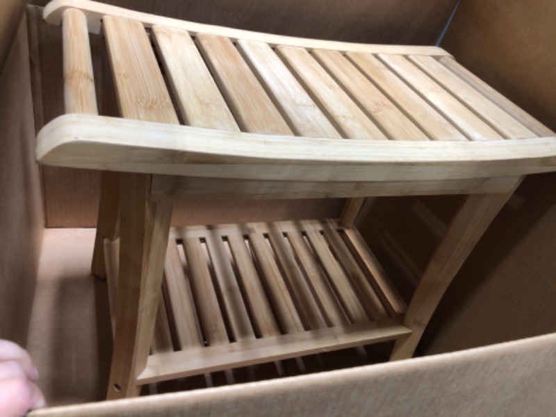 Photo 1 of Bamboo Shower Bench, Rectangle Shower Stool for Shaving Legs, Spa Bench Foot Rest, 2-Tier Shower Benches for Inside Shower, Large Floor-Standing Tray for Bathtub Side,Wood Color
