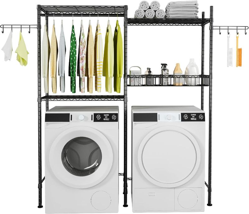 Photo 1 of 
Ulif over Washer and Dryer Shelves, Laundry Room Storage Rack, Laundry Space Saver with Wire Basket and 2 Hooks, 57.8" L x 13.4" D x 76.7" H, Black
Size:Medium: 57.8"L x 13.4"D x 76.7"H
Color:Black