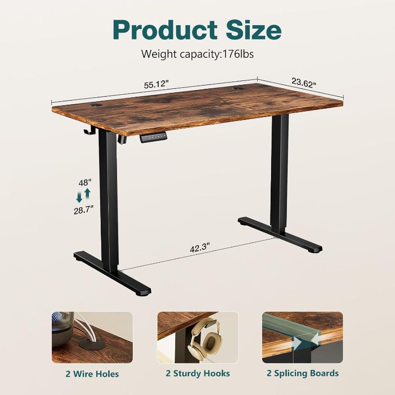 Photo 4 of (NON-REFUNDABLE) YESHOMY Height Adjustable Electric Standing Desk, 55 Inch Computer Table, Home Office Workstation, 55 Inch, Black Legs/Rustic Brown Top - Size 55 Inch - Color Black Legs/Rustic Brown Top
