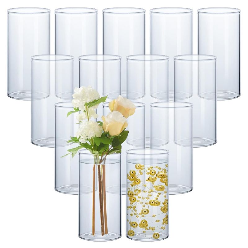 Photo 1 of 16Pack Clear Glass Cylinder Vases 4 x 8 Inches Tall Floating Candles Holders Table Centerpieces Vases for Wedding Decorations and Formal Dinners
