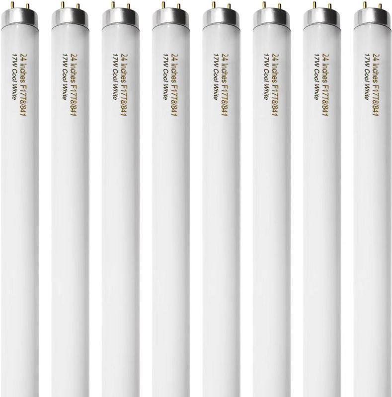 Photo 1 of 8 Pack 24 inch F17T8 17 Watts Light Bulb 2 Foot Straight Fluorescent Tube T8 Tube Light Cool White 1400 Lumen G13 Medium Bi-Pin Cap 8 Count
