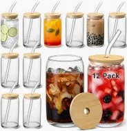 Photo 1 of [ 12pcs Set ] Glass Cups with Bamboo Lids and Glass Straw - Beer Can Shaped 16 oz Iced Coffee Drinking Glasses, Cute Tumbler Cup for Smoothie, Boba Tea, Whiskey, Water - 4 Cleaning Brushes