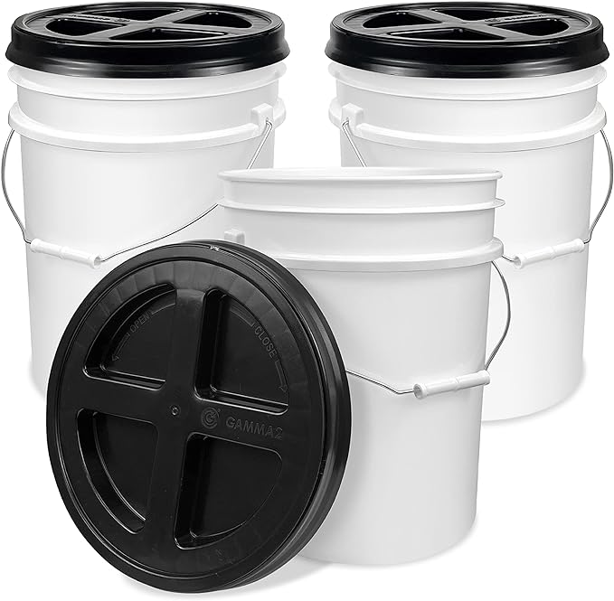 Photo 1 of 2 Pack Gallon White Bucket with Black Gamma Seal Screw on Airtight Lid, Made in USA, Food Grade Storage, Premium HPDE Plastic, BPA Free,