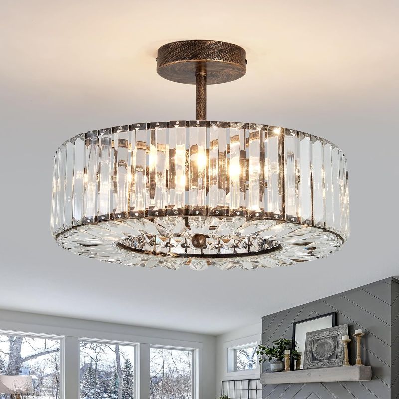 Photo 1 of 
4 Lights Modern Crystal Chandelier Oil Rubbed Bronze Round Semi Flush Mount Ceiling Light Fixture Farmhouse Chandelier for Dinning Room Living Room Bedroom Hallway Entryway Kitchen