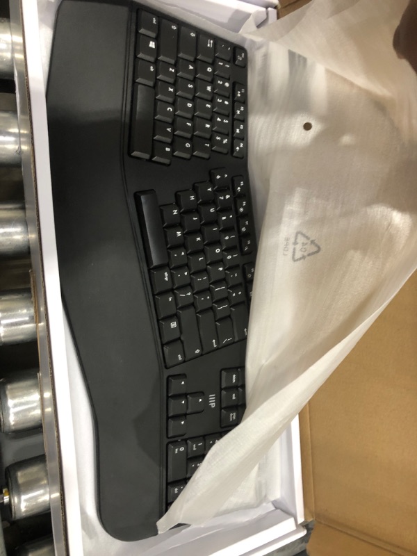 Photo 2 of Monoprice Ergonomic Wireless Split 105-Key Keyboard, 2.4GHz Wireless, 13 Multimedia Hotkeys Functions, Auto?Power Save Mode, Built?in Wrist Cushion Support