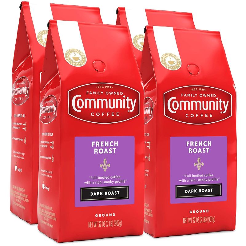 Photo 1 of ** Best By : 6/25/2024 ** Community Coffee French Roast Ground Coffee, Extra Dark Roast, 32 Ounce Bag (Pack of 4)
