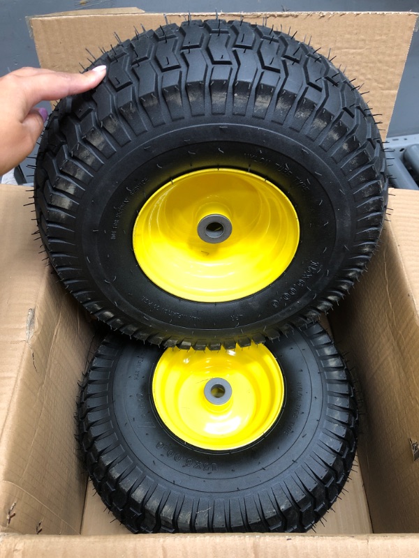 Photo 2 of (2 Pack) AR-PRO Exact Replacement 15" x 6.00 - 6" Front Tire and Wheel Assemblies for John Deere Riding Mowers - Compatible with John Deere 100 and D100 Series - 3” Hub Offset and 3/4” Bushings 15" x 6.00-6" Yellow