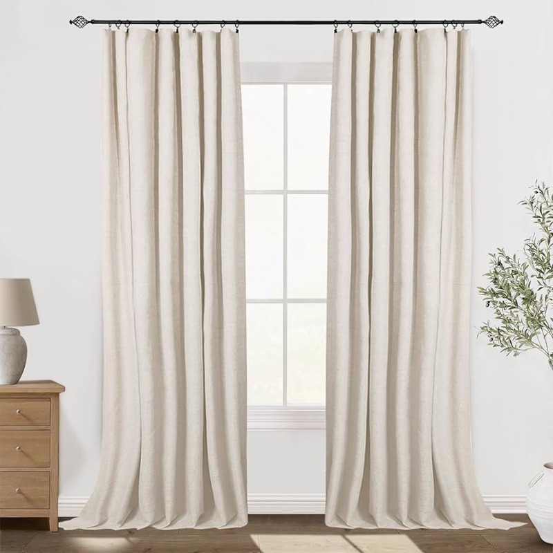 Photo 1 of 100% Blackout Shield Butter Cream Blackout Curtains for Bedroom 84 inch Length 2 Panels Set, Clip Rings/Rod Pocket Faux Linen Blackout Curtains, Thermal Insulated Curtains for Living Room, 50Wx84L