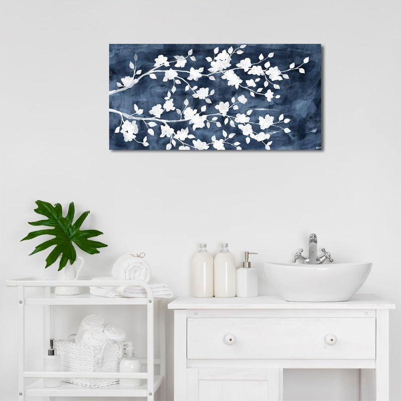 Photo 1 of **pic is for refrance** NINEASO Abstract Flowers Canvas Wall Art  24X48 Gray White Tree Floral Pictures Wall Decor White Blossom Deep Indigo Blue Background Painting Artwork for Living
