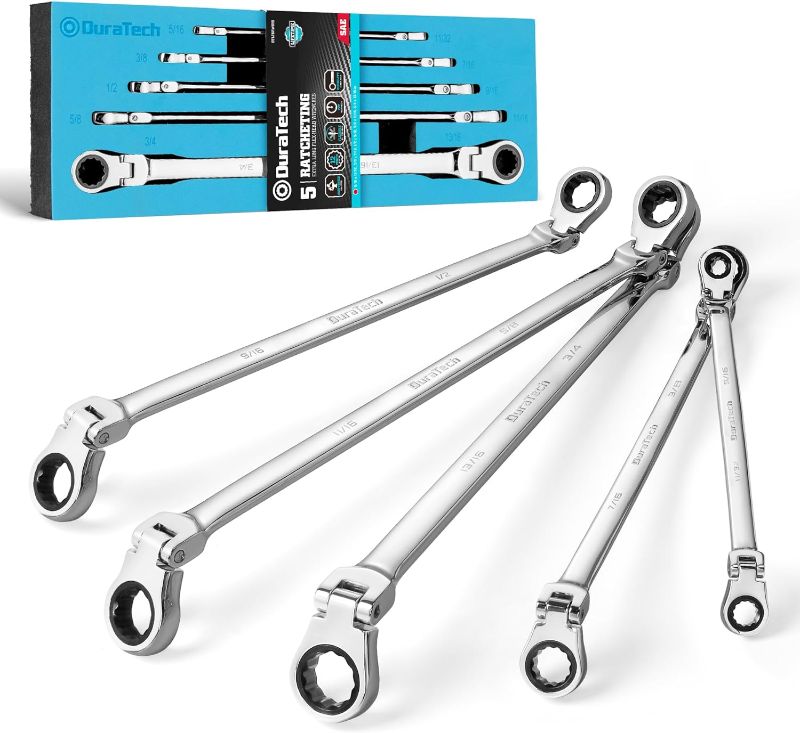 Photo 2 of DURATECH Extra Long Flex-Head Double Box End Ratcheting Wrench Set, SAE, 5-Piece, 5/16" to 13/16", CR-V Steel, with EVA Foam Tool Organizer