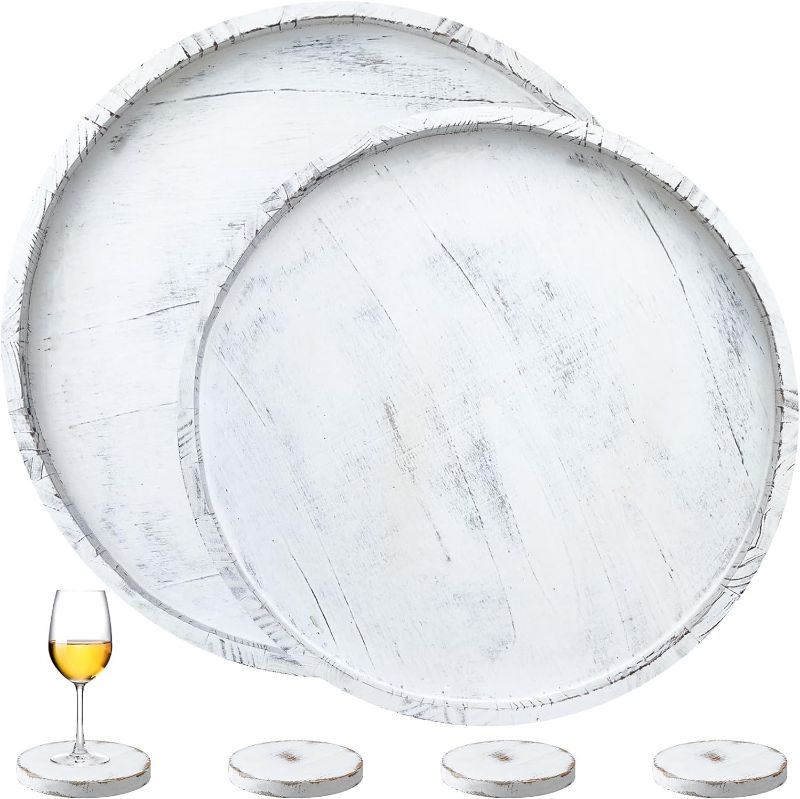 Photo 1 of 2 Pcs Extra Large Round Serving Tray with Handle 23" 21" Round Wood Tray Rustic Heavy Duty Round Charcuterie Board Huge Decorative Organizer Tray for Ottoman Table Home Entertaining(Old White) 