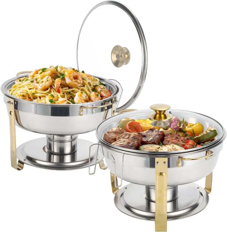 Photo 1 of 5 Qt Chafing Dish Buffet Set with Visible Glass Lid and Holder, Round Chafers and Buffet Warmers Sets with Food and Water Trays for Catering, Parties and Weddings, Gold, 2 Pack