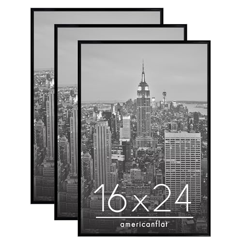 Photo 1 of  Americanflat 16x24 Poster Frame in Black - Set of 3 - 16x24 Frame with Slimline Molding, Plexiglass Cover, and Hanging Hardware for Horizontal or Vert
