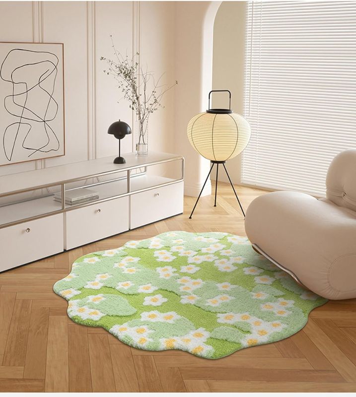 Photo 1 of (READ FULL POST) Round Rug, 3x3 Soft Green Moss Rug Flowers Grass Shag Area Rug Cute Non Slip Washable High Traffic Rugs for Nursery Kids Room Dorm Bedroom Living Room Entryway
