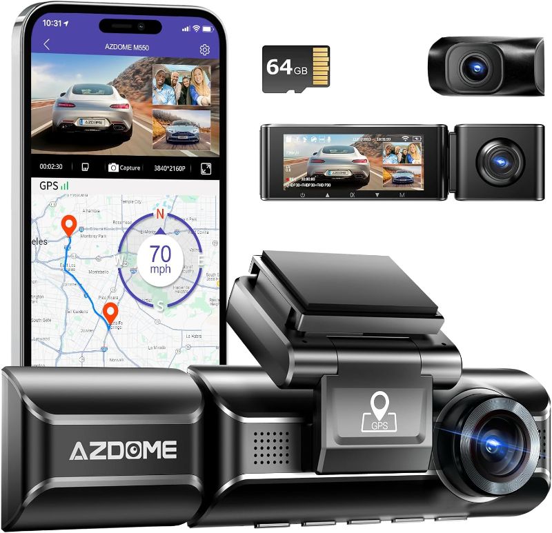 Photo 1 of AZDOME M550 4K WiFi 3 Channel On Dash Cam, Dual Front and Rear for Car 4K+1080P Free 64GB Card, Built-in GPS 24H Parking Mode IR Night Vision WDR 3.19" IPS, Max up Support to 256GB, Easy to Install
