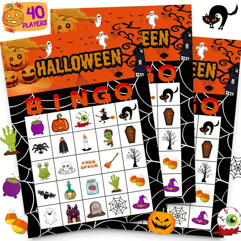 Photo 1 of 40 Players Halloween Bingo Game Cards - Hallowmas Goodie Bags Stuffers Gifts for Kids Holiday Activity Party Supplies Favors