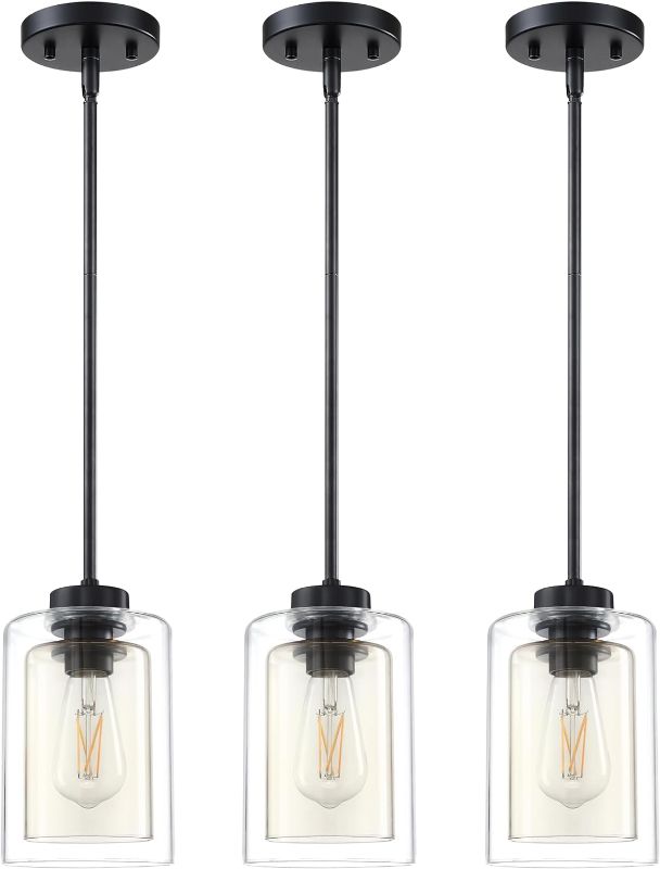 Photo 1 of 1 Light Indoor Mini Hanging Kitchen Island Pendant Light Black Finish,5" Glass Chandelier Shade for Bar,Dining Room Over Sink (Amber Glass, 3 Pack)
