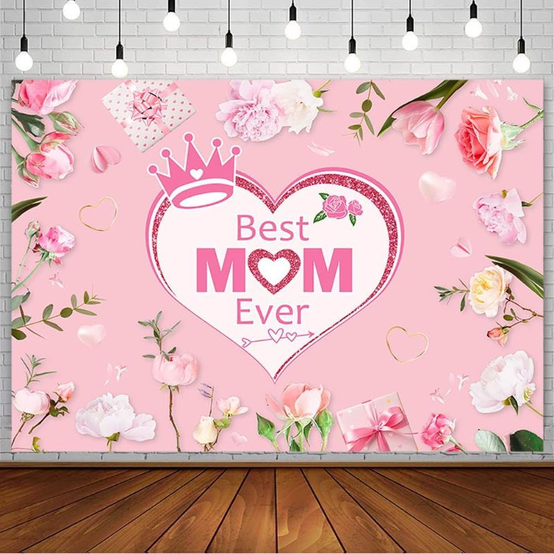 Photo 1 of 7x5ft Happy Mother's Day Backdrop Best Mom Ever I Love You Mom Mother Day Party Decorations Blush Pink Floral Gifts Photography Background for Women Thanks Mother's Day Banner Photo Booth Props
