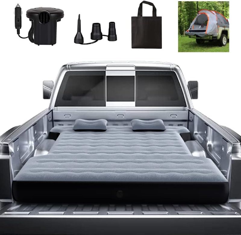 Photo 1 of Camping Pickup Truck Bed Air Mattress Air Bed with Inflatable Pillow Blow Up Bed Thicken Air Mattresses Sleeping Pad for 5.5-5.8Ft Full-Size Short Truck Beds Outdoor Camping Car Truck Travel( Grey)
