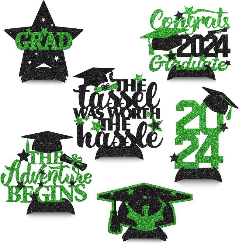 Photo 1 of 2024 Graduation Decor Green Graduation Glitter Centerpieces Table Topper Graduation Party Decorations Glitter Photo Booth Props Set of 6
