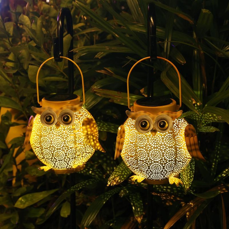 Photo 1 of 2 Pack Hanging Solar Lanterns - Garden Light Waterproof Metal Decorative Solar Lantern Lights Outdoor for Patio Yard Table Pathway with Owl Pattern