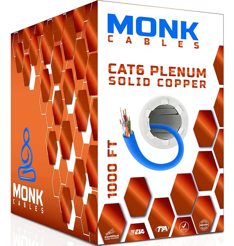 Photo 1 of MONK CABLES | CAT6 Plenum Cable 1000ft | 100% Pure Copper | UTP, 23AWG, 550MHz | DSX-8000 Certified | Most Certified Cable of The Whole Market (Blue)