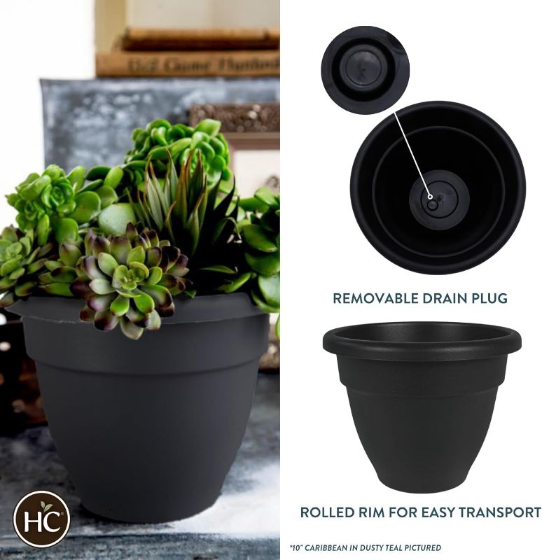 Photo 1 of The HC Companies 8 Inch Caribbean Planter - Lightweight Indoor Outdoor Plastic Plant Pot for Herbs and Flowers, Black (6 Pack)