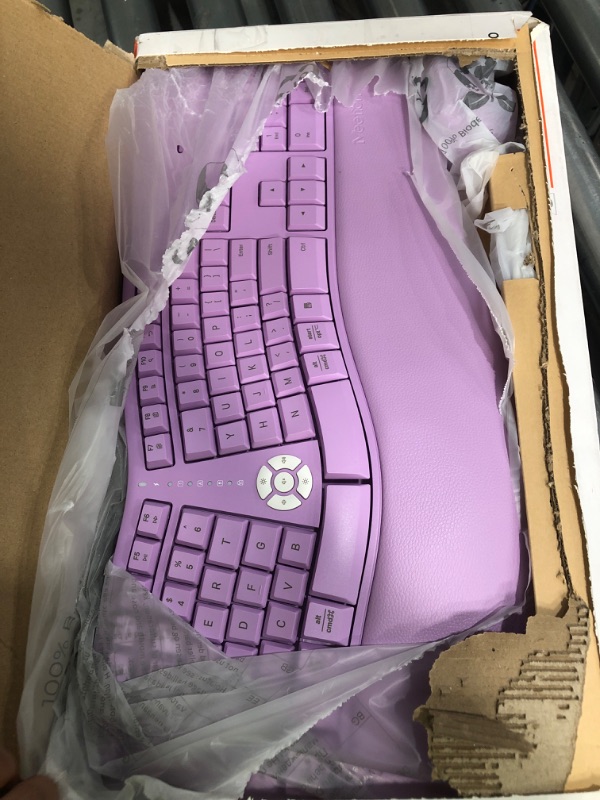 Photo 2 of MEETION Ergonomic Wireless Keyboard and Mouse, Ergo Keyboard with Vertical Mouse, Split Keyboard Cushioned Wrist Palm Rest Natural Typing Rechargeable Full Size, Windows/Mac/Computer/Laptop,Purple Large Purple