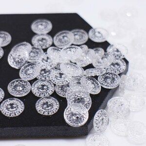 Photo 1 of Clear Acrylic Buttons, Transparent, Two Holes, For Sewing Wedding Dress Blouse, Round Shaped, 12mm, 0.47inch, Special Unique, Vintage Style