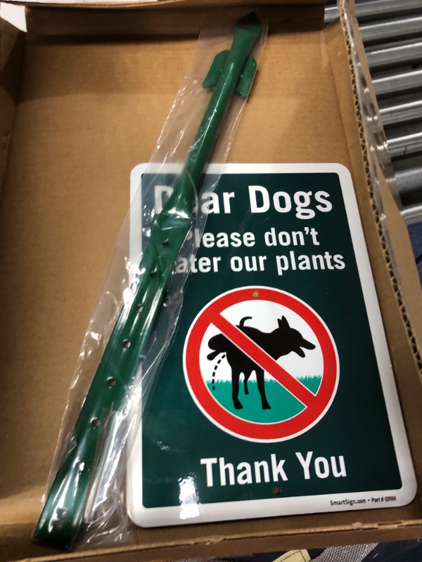 Photo 2 of SmartSign 10 x 7 inch Dear Dogs Please Don't Water Our Plants Funny No Dog Pee sign for yard and 18 inch Stake Kit, 40 mil Laminated Rustproof Aluminum, Multicolor, Set of 1 7" x 10" Aluminum Sign with 18" Stake