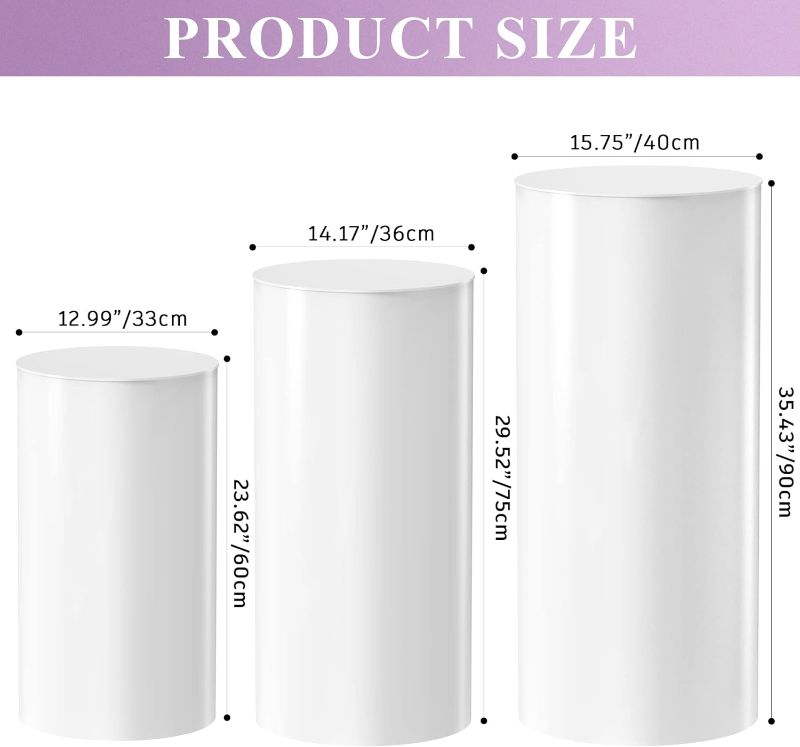 Photo 4 of (READ FULL POST) Putros Cylinder Pedestal Stands 3Pcs White Round Cylinder Pedestal Display Plinth Pillars for Wedding Party Decor 35.4''(L),29.5''(M),23...
