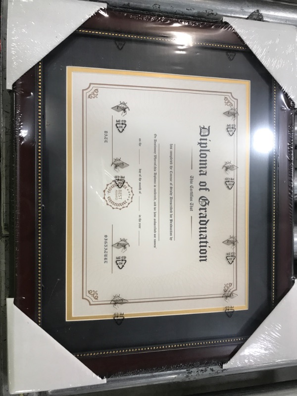 Photo 2 of 11x14 Diploma Degree Frame with Mat or Display 15x18 Certificates without Mat,Solid Wood,Cherry Finish with Intricate Black Rope Detail,UV Protection Acrylic
