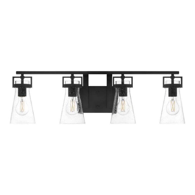 Photo 1 of Clermont 30.75 in. 4-Light Matte Black Bathroom Vanity Light with Seeded Glass Shades
