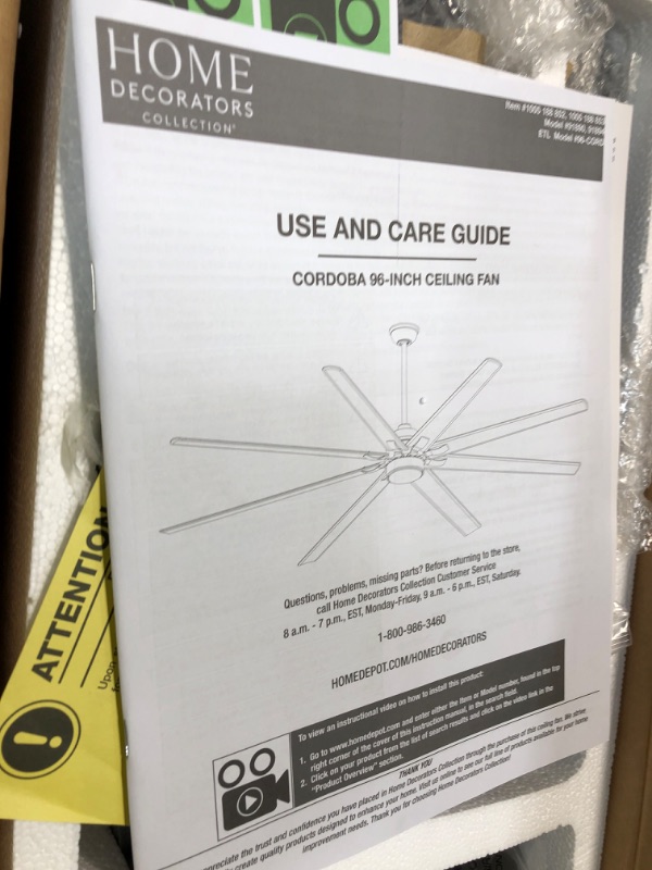 Photo 4 of ****NON REFUNDABLE NO RETURNS SOLD AS IS***PARTS ONLY**
**BOX 1 OF 2**INCOMPLETE**Cordoba 96 in. Integrated LED Indoor/Outdoor Matte Black Ceiling Fan with Light and Remote Control