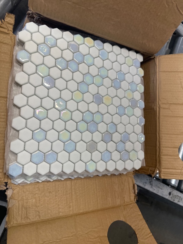 Photo 1 of White Iridescent Hexagon 12x12in. Recycled Glass Glossy and Matte Mosaic Floor and Wall Tile (10 sq. Ft./Box)