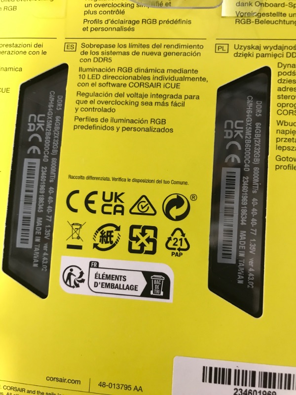 Photo 2 of CORSAIR VENGEANCE RGB DDR5 RAM 64GB (2x32GB) 6000MHz CL40 Intel XMP iCUE Compatible Computer Memory - Black (CMH64GX5M2B6000C40) 64GB (2x32GB) Black