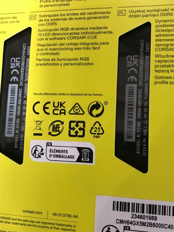 Photo 2 of CORSAIR VENGEANCE RGB DDR5 RAM 64GB (2x32GB) 6000MHz CL40 Intel XMP iCUE Compatible Computer Memory - Black (CMH64GX5M2B6000C40) 64GB (2x32GB) Black