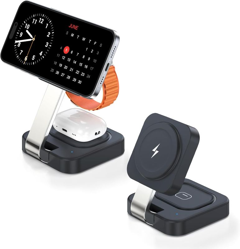 Photo 1 of (see all images)3 in 1 Wireless Charging Station for Apple Devices, Foldable Mag-Safe Charger 