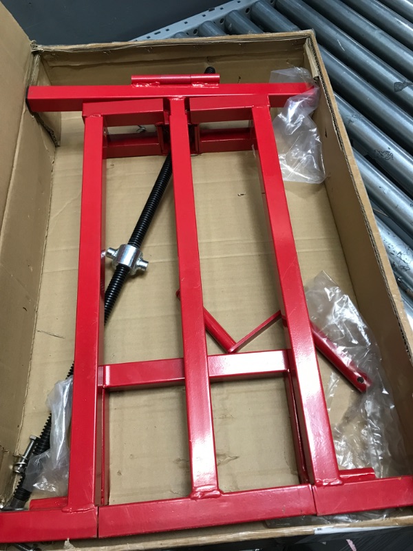 Photo 2 of Lawn Mower Lift Jack, TUNTENDO Lifting Platform 882 Lbs Capacity Telescopic Maintenance Jack for Garden Tractors and Riding Lawn Mower with Manual Handle & Power Tool Extension Handle - Red