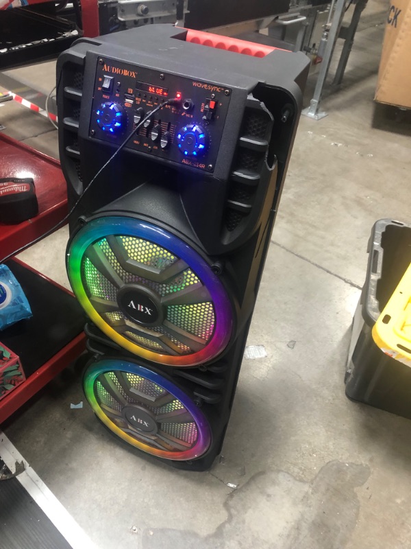 Photo 7 of CRACKED CORNERS Audiobox ABX-214R Dual 12" Portable Bluetooth Speaker, Lite Weight but Loud with BASS, RGB Party Lights, Wireless Microphone - Ultimate Sound Experience with Volume, Treble, & Bass Controls