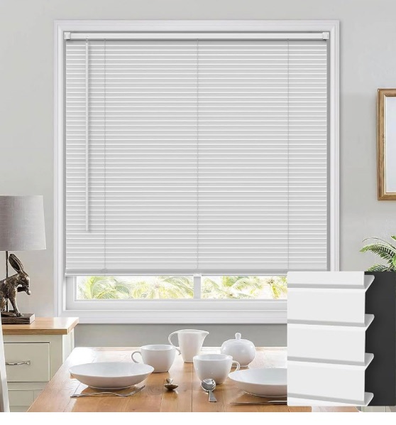 Photo 1 of 100% Privacy L-Shaped Blinds for Indoor Windows, Cordless 1" Vinyl Horizontal Mini Blinds Shades, Improvement The Privacy of Your Room, Suitable for Window Size 34" W x 64" H, White