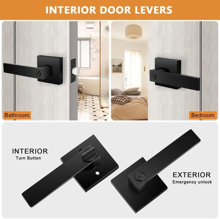 Photo 1 of  Heavy Duty Flat Black Square Privacy Interior Door Levers Bedroom and Bathroom Door Handles Keyless Bed/Bath Lockset 