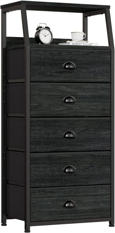 Photo 1 of Furnulem Black Dresser with 5 Drawers, Vertical Storage Tower Fabric Dresser for Bedroom, Hallway, Entryway, Nursery, Closet Organizer, Nightstand Bedside Table Furniture, Sturdy Steel Frame, Wood Top