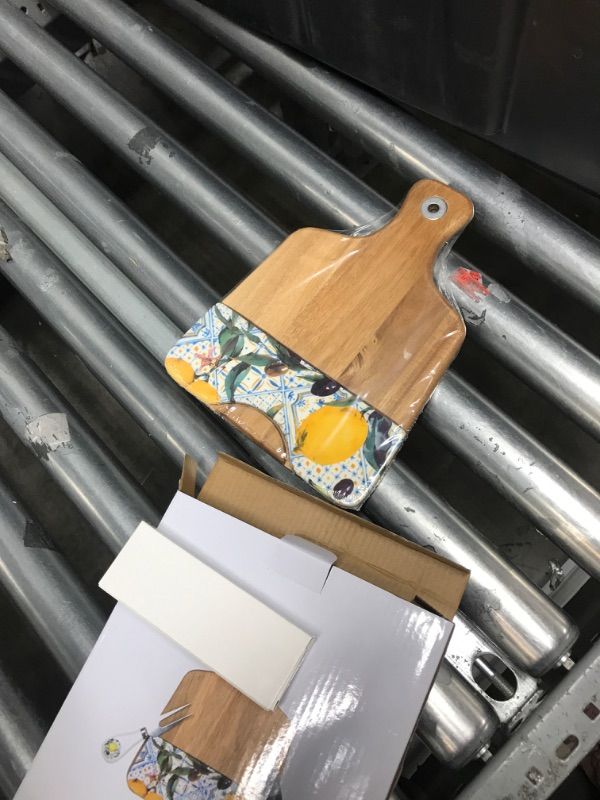 Photo 1 of Eco Friendly Charcuterie Boards with Ceramic Plate - Acacia Wood Cutting Board with Handle and Charcuterie Accessories - Bridal Shower and Anniversary Present for Women - Yellow Rectangle Shape Handle, Yallow