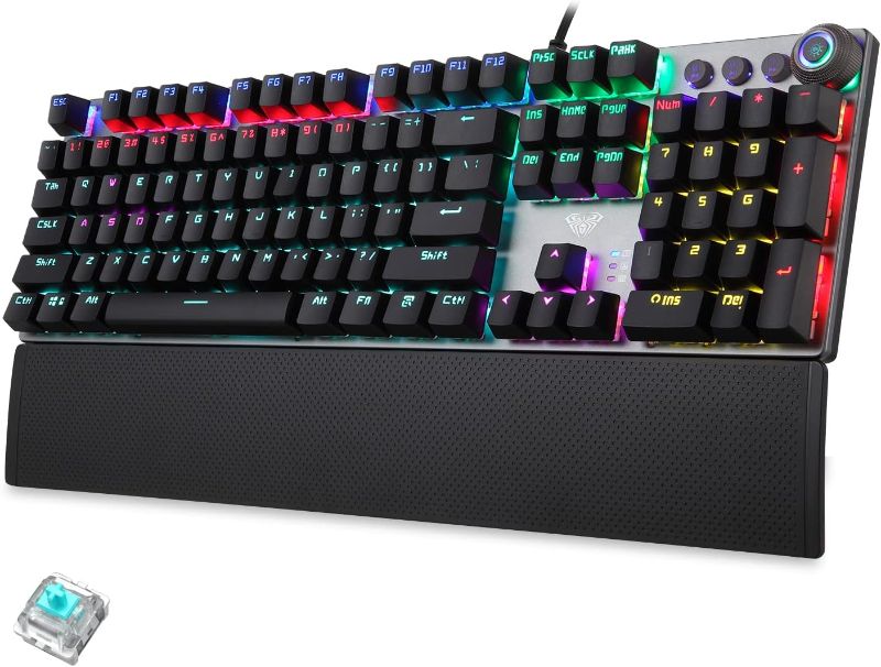 Photo 1 of AULA Mechanical Gaming Keyboard Blue Switches,Rainbow LED Backlit,Ergonomic Wrist Rest,Aluminum Base,Full Size 108 Keys Anti-Ghosting,Macro Programmable Computer Keyboard Wired for PC Laptop