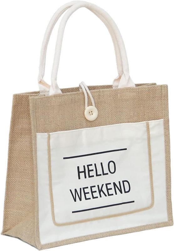 Photo 1 of HELLO WEEKEND Printed Custom Jute Tote Bags with Canvas Front Pocket Reusable Natural Burlap Bags for Gifts, Weddings, Shopping (Color : White, Size : 14X12X6 inch)