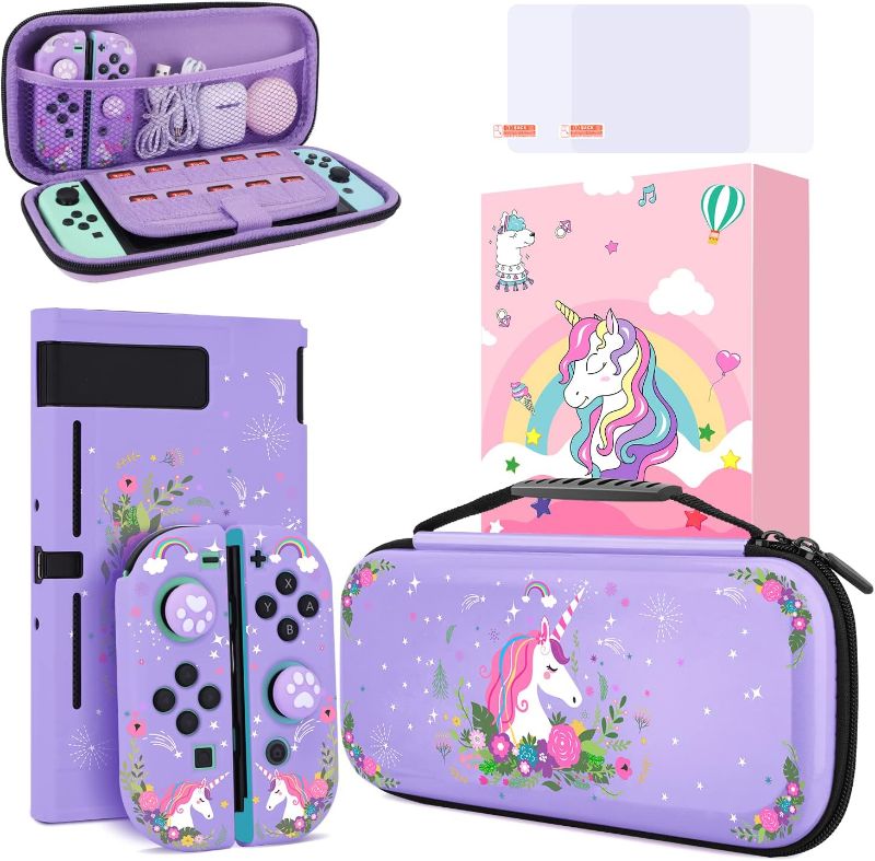 Photo 1 of Cute Unicorn Protection Case for Nintendo Switch,Purple Hard Carrying Case with Soft TPU Protective Cover and Protection Acessories Compatible with Nintendo Switch for Girls
