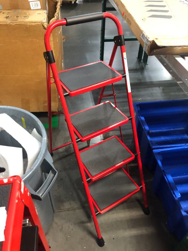 Photo 2 of ***USED - BENT - VERY WOBBLY***
KINGRACK Folding Step Ladder 4 Steps Stool,Heavy-Duty Sturdy Safety Steel Tall Step Stool Ladders with Handrails & Wide Pedals for Adults Home Kitchen Office,Red 4 Step Ladder Red, 17.01"W x 44.09"H