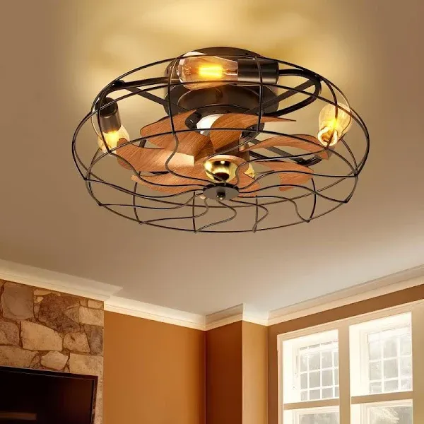 Photo 1 of 19.6 in. Indoor Enclosed Flush Mount Cage Ceiling Fan with Light Industrial Farmhouse Low Profile Ceiling Fan Remote
