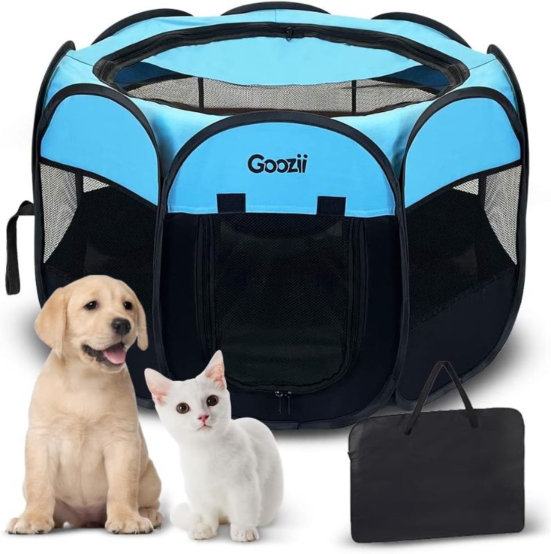 Photo 1 of GOOZII Portable Dog Playpen Indoor Outdoor, Collapsible Pet Dog Playpen with Zipper Top Cover, Cat Puppy Bunny Kitten Exercise Play Pen Tent for Beach RV...
